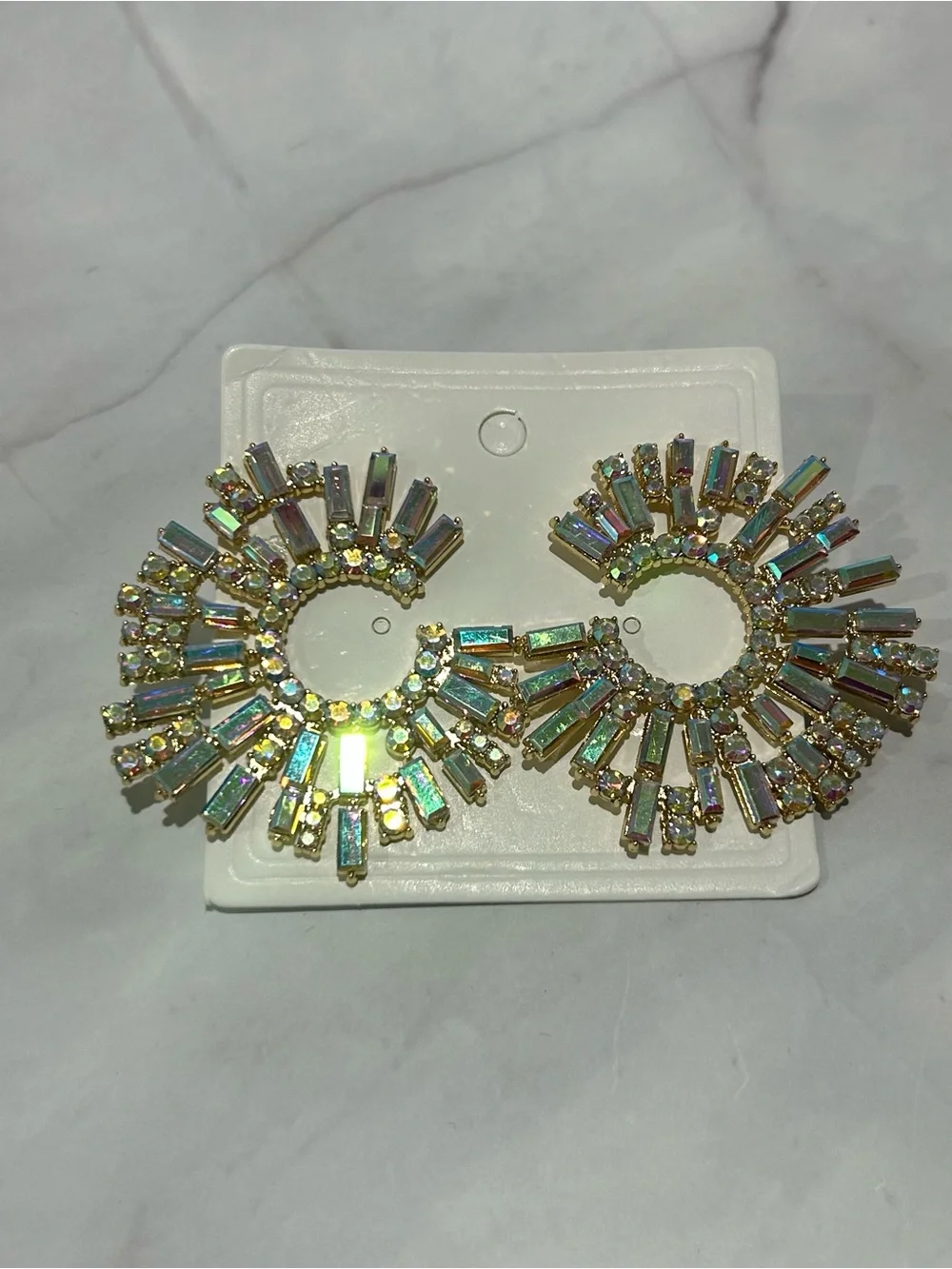 Statement Crystal Fan Hoop Earrings in Iridescent Gold